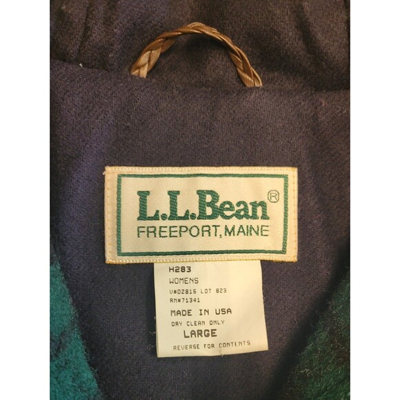Vintage 80s LL Bean Duffle Over Coat WOOL Women's size Large Blue Green Plaid - Picture 2 of 7